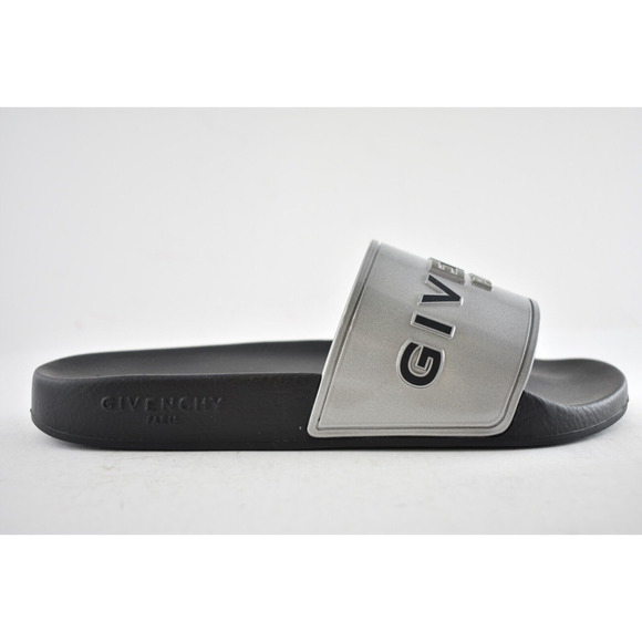 Givenchy Silver Rubber Black Logo Print Slide On Pool Sandal Flip Flop Flat 38 - Picture 3 of 12